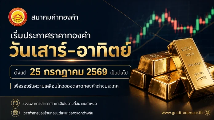 ราคาทองไทยเริ่มประกาศวันเสาร์–อาทิตย์ 25 กรกฎาคม 2569