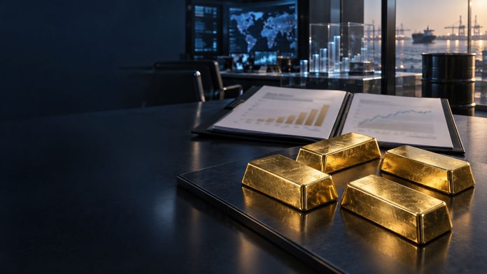 ทองคำแท่งสี่แท่งบนโต๊ะข่าวการเงิน สื่อถึงราคาทองฟื้น เงินลงทุนใน Gold ETF เพิ่ม และราคาน้ำมันลดลง