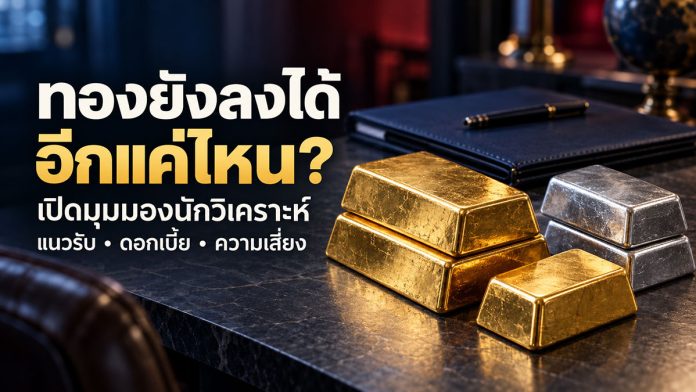 ทองคำแท่งและแท่งเงินบนโต๊ะ พร้อมข้อความ ทองยังลงได้อีกแค่ไหน? เปิดมุมมองนักวิเคราะห์
