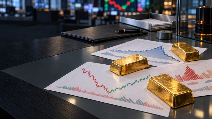 ทองคำแท่งสามแท่งบนเอกสารกราฟตลาดสีแดงและเขียว สื่อราคาทองฟื้นเหนือ 4,150 ดอลลาร์หลังร่วงจาก CPI สหรัฐ