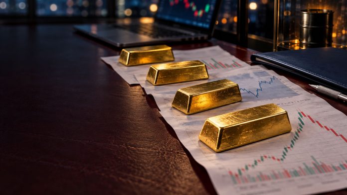ทองคำแท่งบนเอกสารกราฟตลาด หลัง Gold Spot พลิกร่วงใกล้ 4,140 ดอลลาร์